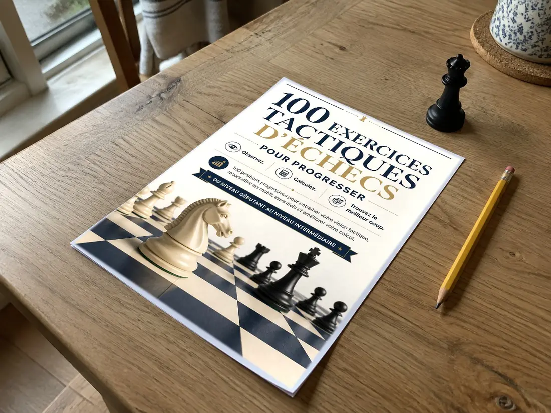 Guide 100 Exercices Tactiques d’Échecs imprimé en A4 sur une table en bois